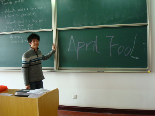 Spacefish on April Fools Day.Spacefish at the blackboard. Jiangnan University,  Wuxi,  China