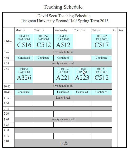 Teaching Schedule second half Spring Term 2013