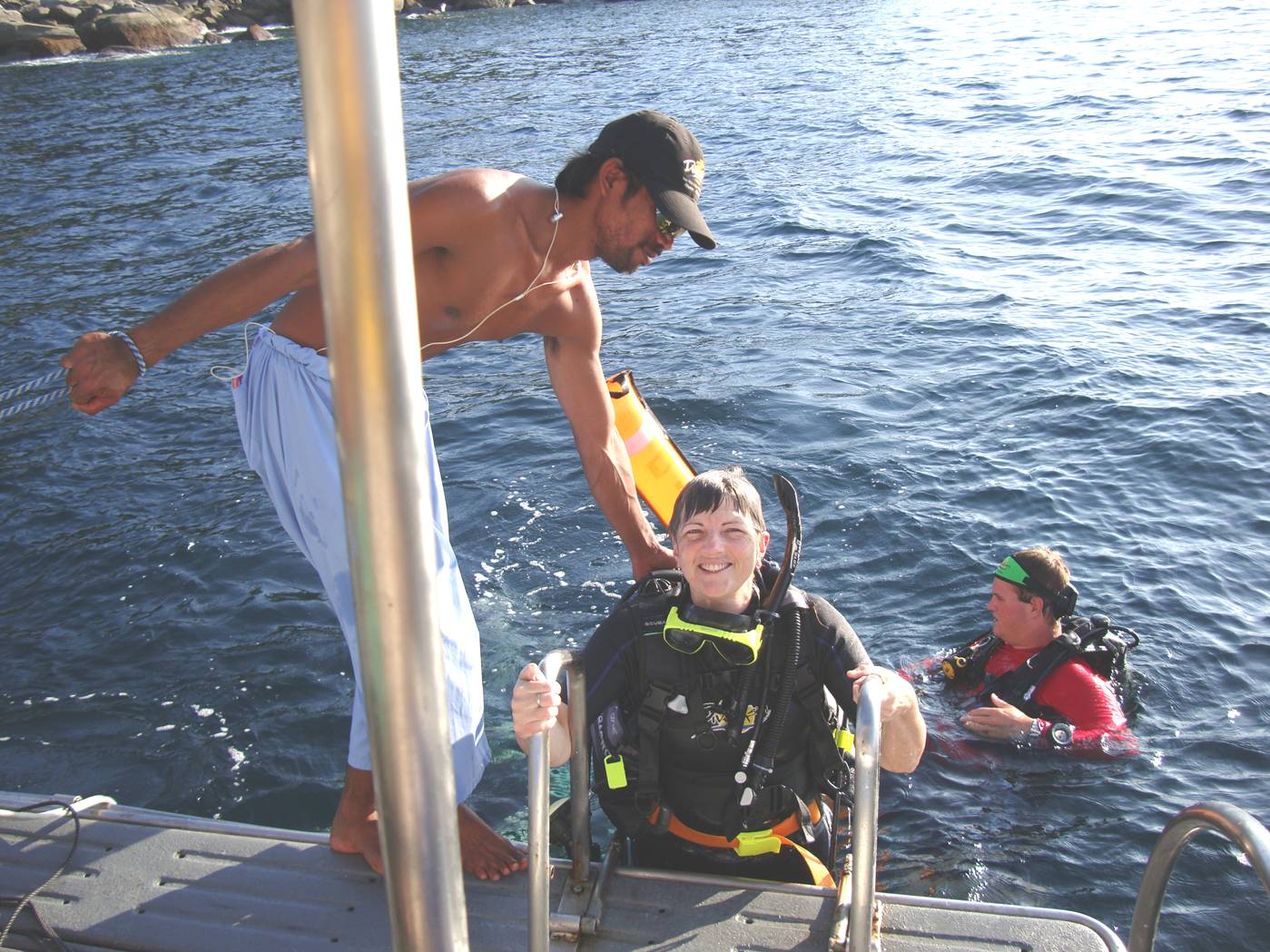 Picture:  Ruth back on board Dive Asia after her third  dive of the day.  Phuket Island, Thailand