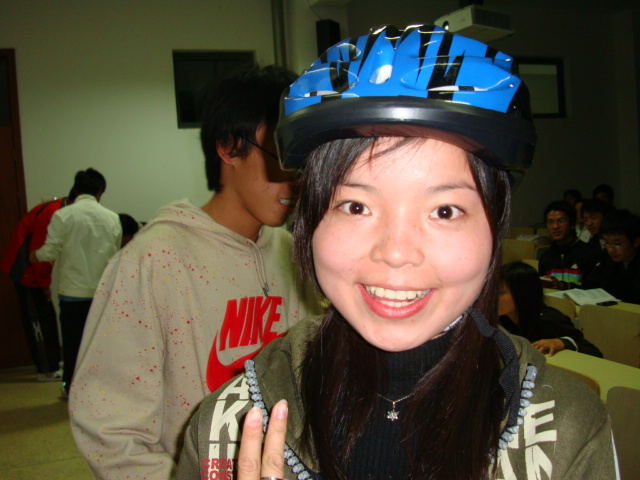Jenny wearing her new bike helmet,  Jiangnan University,  Wuxi,  China