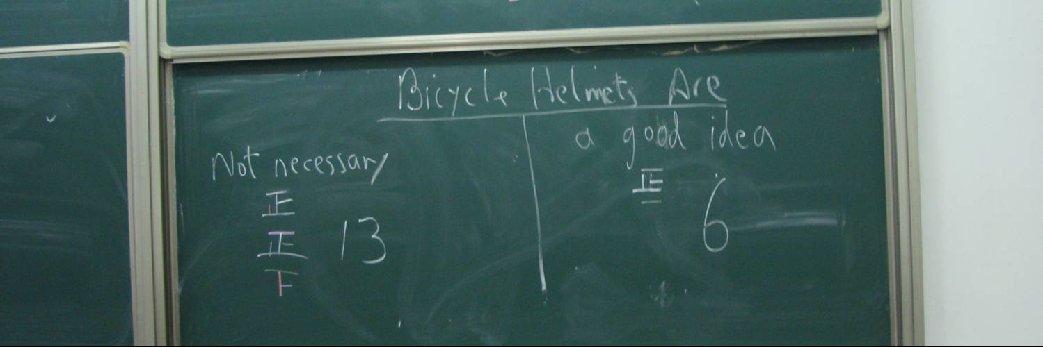 picture:  The students' opinions of bicycle helmets.  It's going to be an uphill struggle to get helmets on all the Chinese.  Jiangnan University, Wuxi, China